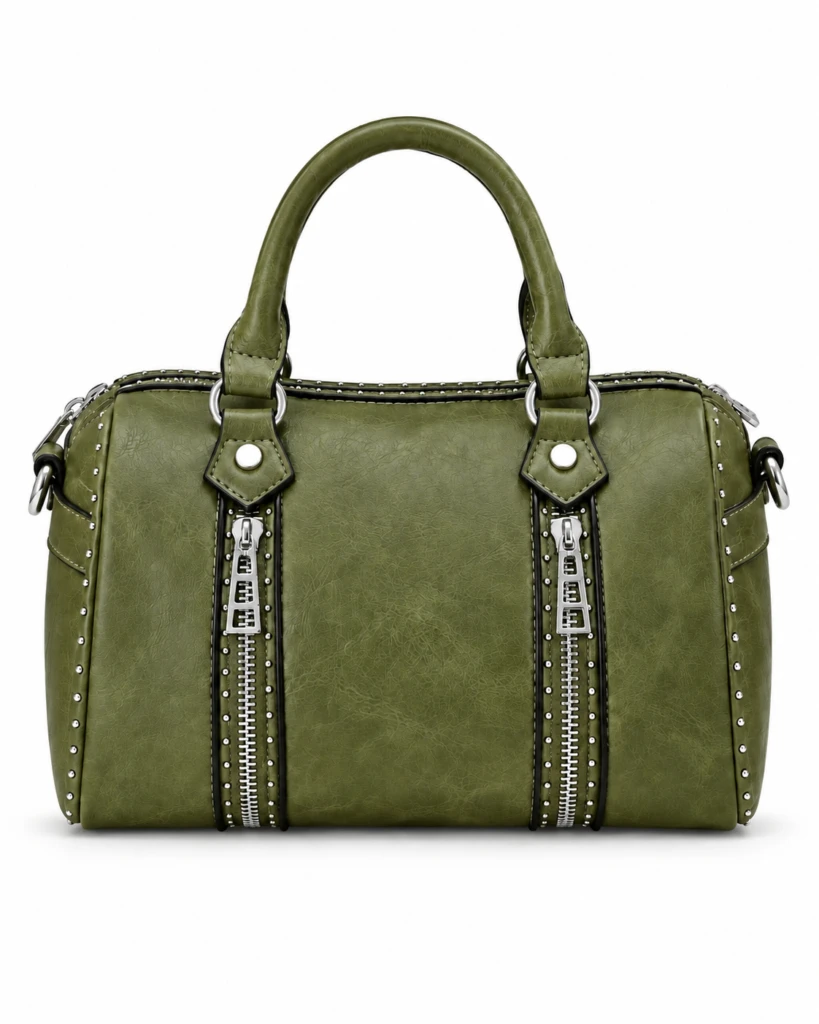 Bolso de Mano Sintético con Tachuelas y 2 Cremalleras Enterizas Decorativas para Mujer.