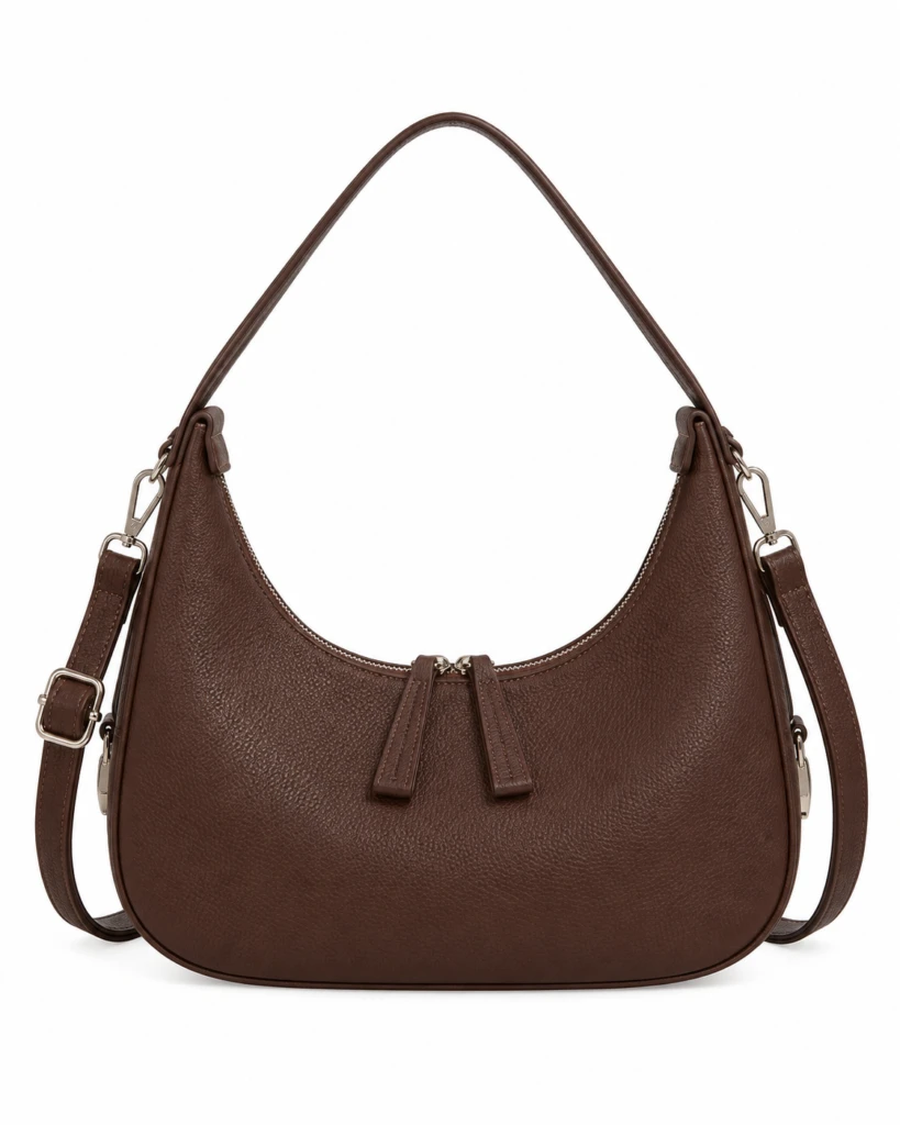 Bolso marrón de Hombro Sintético con Diseño Medialuna y 2 Cremalleras para Mujer.