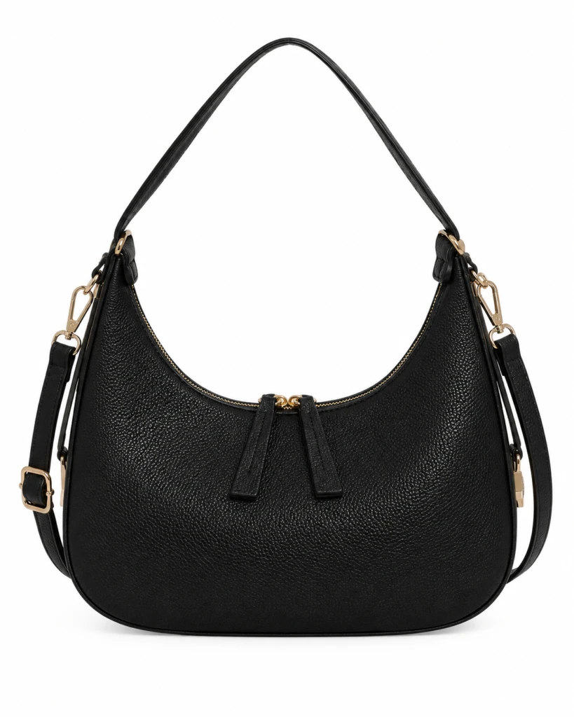 Bolso negro de Hombro Sintético con Diseño Medialuna y 2 Cremalleras para Mujer.