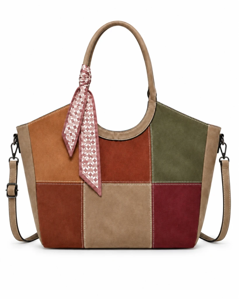 Bolso de Hombro Sintético con Diseño Cuadrados Colores y Lazo Decorativo Mujer