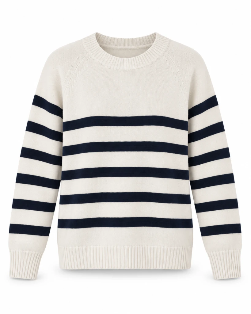Jersey de Punto para Mujer con Rayas Horizontales Blanco Crema y Azul Marino